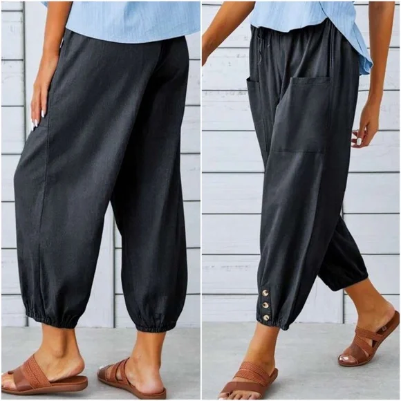 031 Solid Stretchy Waist Pockets Lounge Pants - Picture 2 of 3